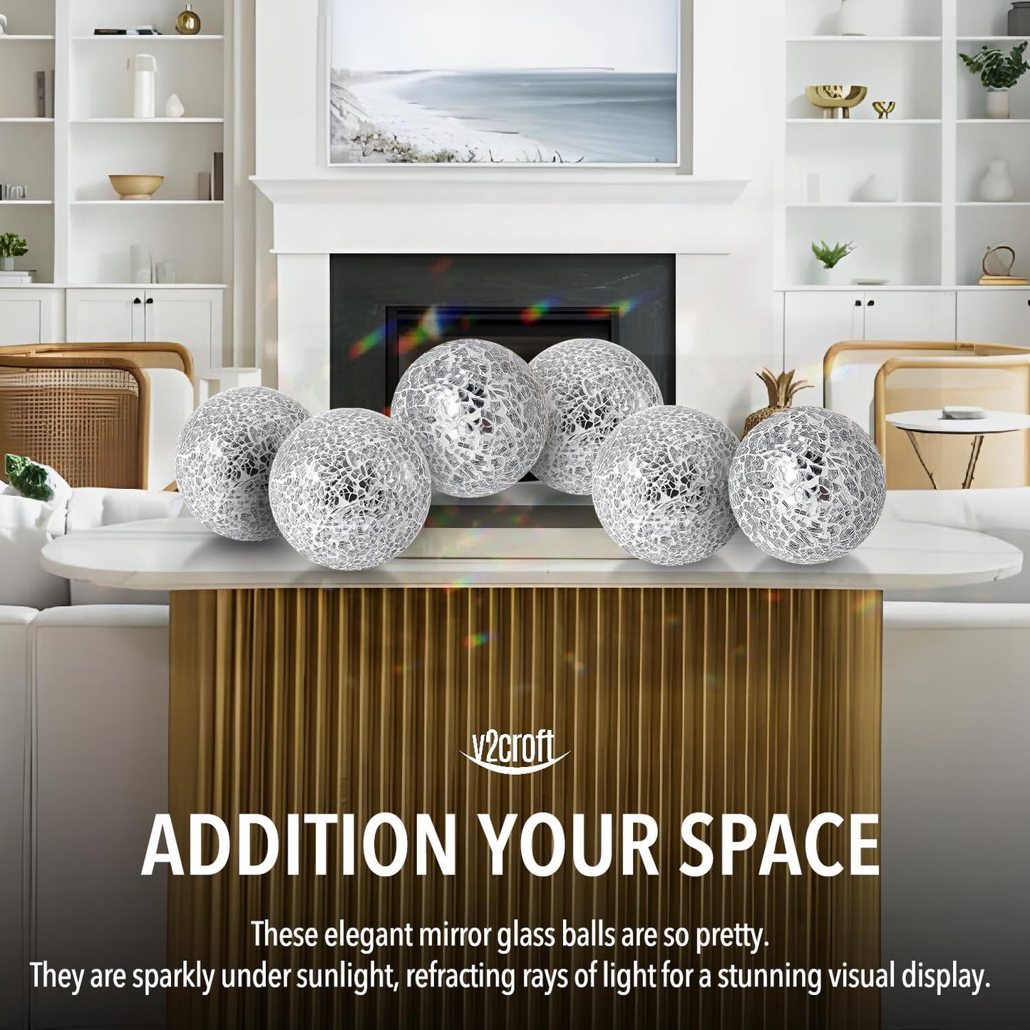 2.4 in Decorative Orbs Glass Balls Set of 6,Mosaic Sphere Globe for Whole Housewares,Wedding/Birthday,Bowls,Vases Dining Table Centerpieces (Gold)