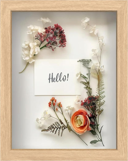 FrameWorks 11” x 14” Dark Oak Wooden Shadow Box Frame – Display Case with Soft Felt Back, Memory Box with Tempered Glass, Display Box with Elegant White Ball Push Pins, Wooden Flower Box