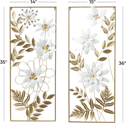 Deco 79 Metal Floral Home Wall Decor Wall Sculpture with Gold Frame, Set of 2 Wall Art 14"W, 35"H, Gold
