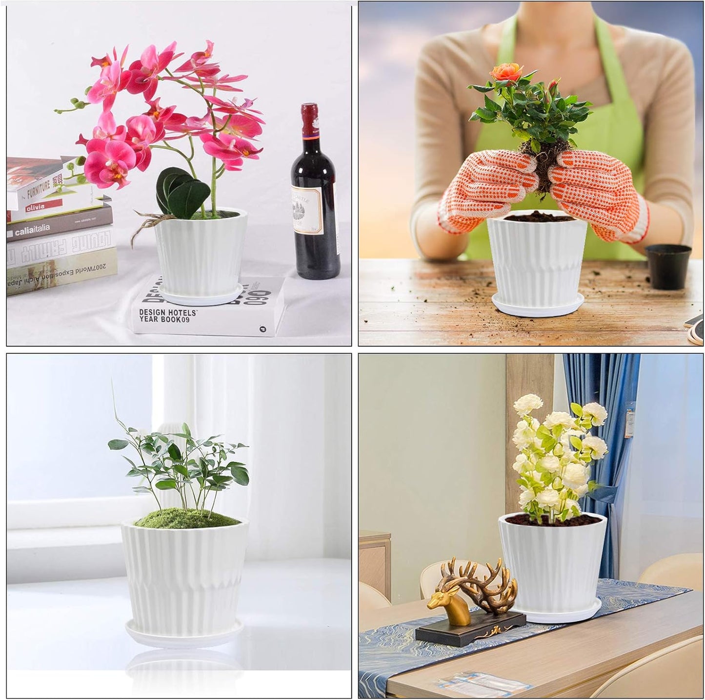 sietpoek Plant Pots - 5.5 Inch Cylinder Ceramic Planters with Connected Saucer, Pots for Succuelnt and Little Snake Plants, Set of 4, White