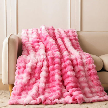 COOVA Faux Fur Throw Blanket for Couch, Cozy Soft and Fuzzy Plush Rabbit Fur Bubble Blanket for Sofa Bedroom Living Room, 50x60 Inches Tie Dye Brown