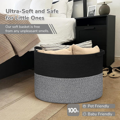 INDRESSME XXXLarge Blanket Basket for Living Room 21.7" x 21.7" x 13.8"-Storage Basket with Handle for Organizing Toy Pillows Woven Cotton Rope Laundry Basket Stuffed Animal Toy Storage for Play Room
