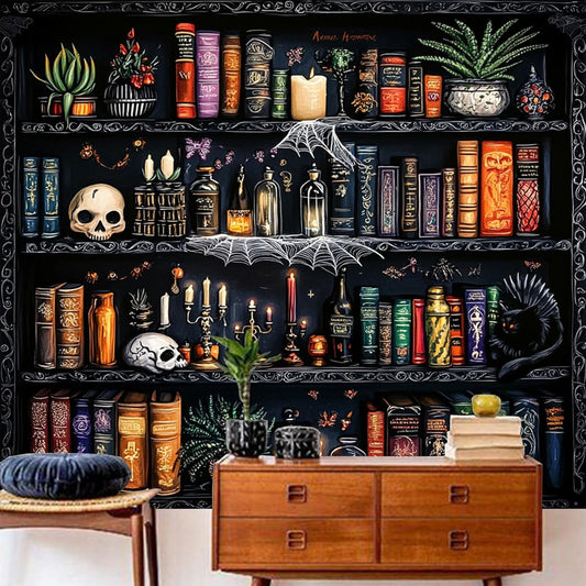 Algasan Magic Bookshelf Tapestry Magical Book Tapestry Gothic Witchy Vintage Library Skull Potion Black Cat Candle Botanical Backdrop for Bedroom Living Room Dorm 59.1 x 51.2 Inches