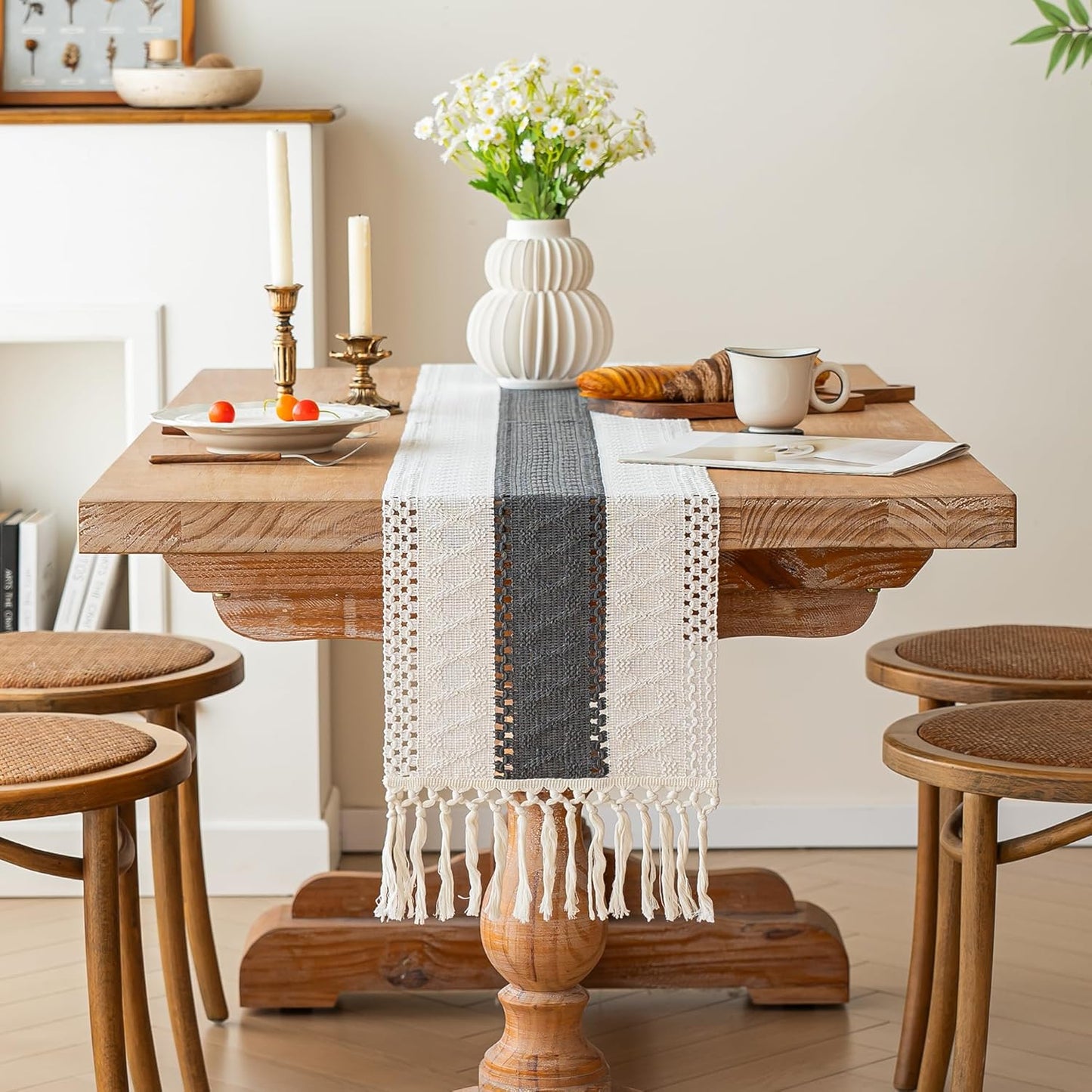 FEXIA Boho Table Runner for Thanksgiving Fall Christmas Home Decor with Tassels 72 Inches Long Pottery barn Furniture Farmhouse Rustic Macrame Burlap Table Decoration for Living Room (12x72 Inches)