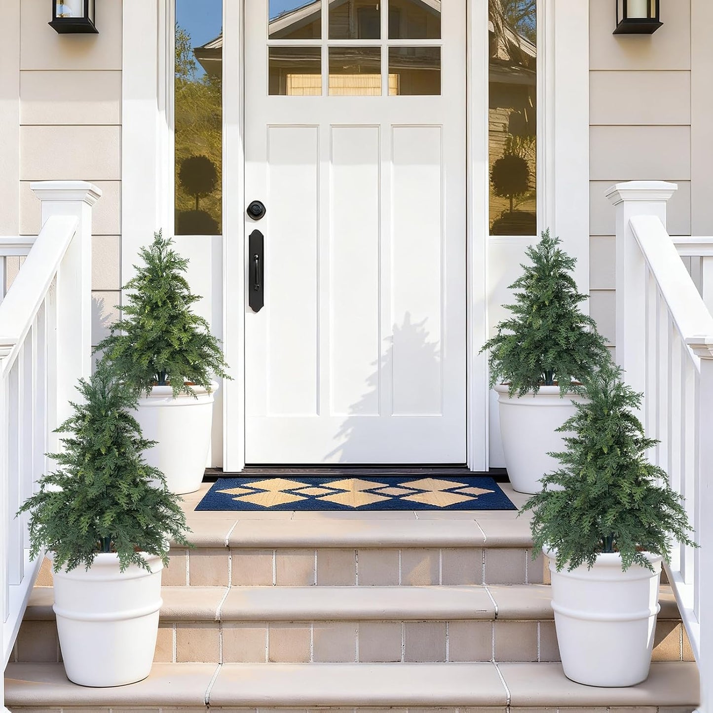 Artificial Lavender Topiary Ball Trees, 2 Set of UV Resistant Fake Evergreen Shrubs Bushes Plants with Ground Spike, Fake Plants for Outdoor Indoor Front Porch Garden