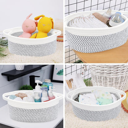 ABenkle Small Basket with Handles, Boho Decorative Rope Woven Dog Cat Toy Storage Bin Shelf Storage Organizer, Easter Christmas Gift Basket, 12"x8"x5", White
