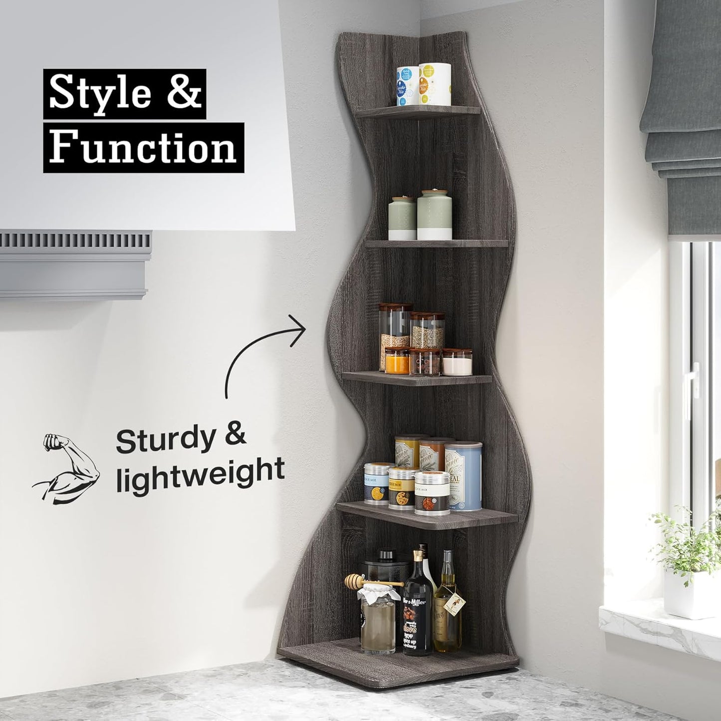 Tribesigns Corner Shelf, Modern 5-Tier Wall Corner Bookshelf, Stylish Corner Small Bookcase Storage Rack Plant Stand with Unique Shape for Living Room, Home Office (White, 1PC)