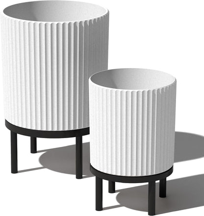 Veradek Demi Series Round Planter w/ Stand for Porch/Patio | Durable Plastic-Concrete & Wooden Stand | Modern Décor for Tall Plants, Flowers
