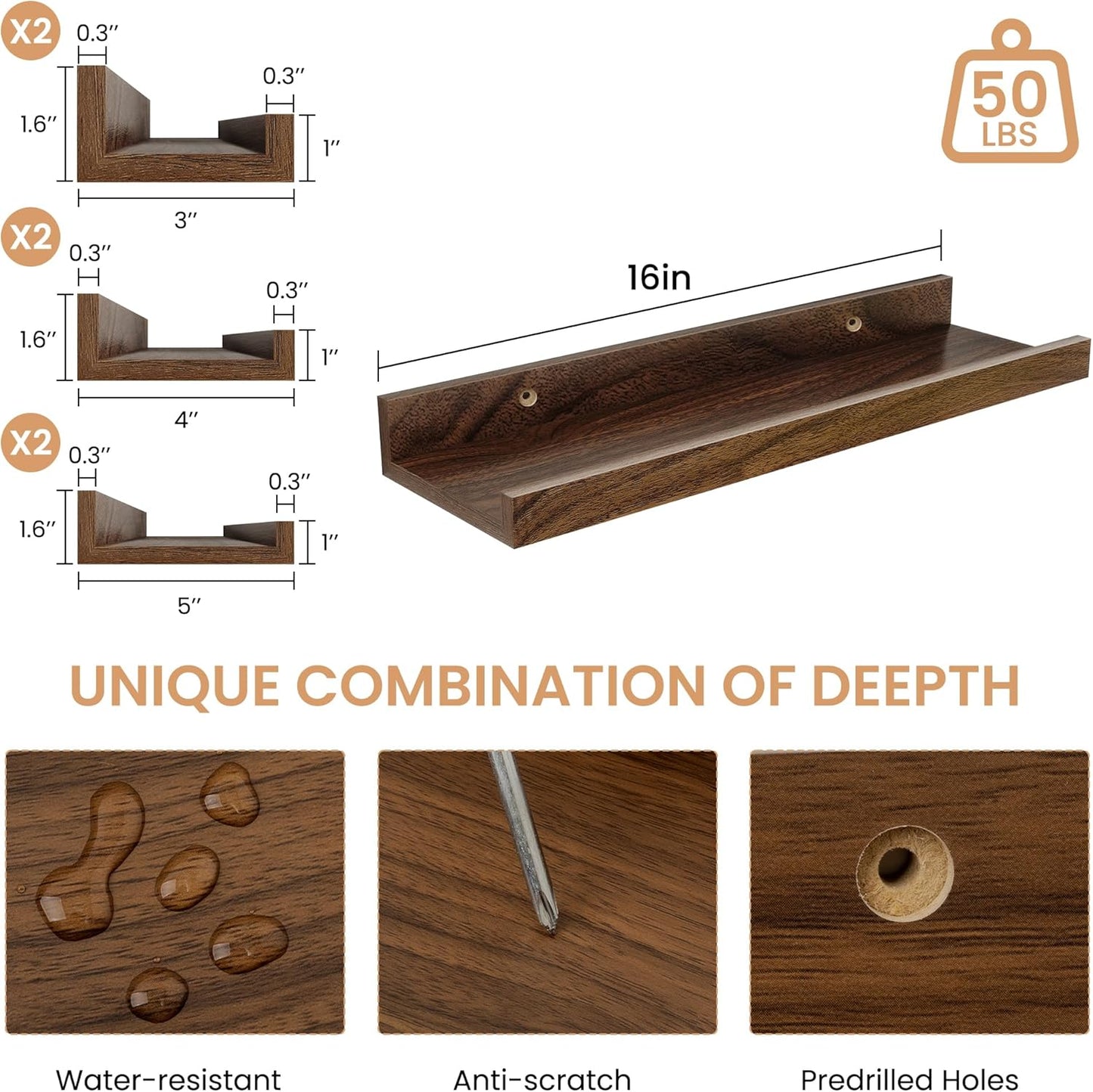 Acovy Picture Ledge Shelf Set of 6, 48 inch Long Large Floating Shelves for Wall with Lip, Wall Mounted Shelves for Living Room, Bedroom, Bathroom, Kitchen, Nursery,Oak