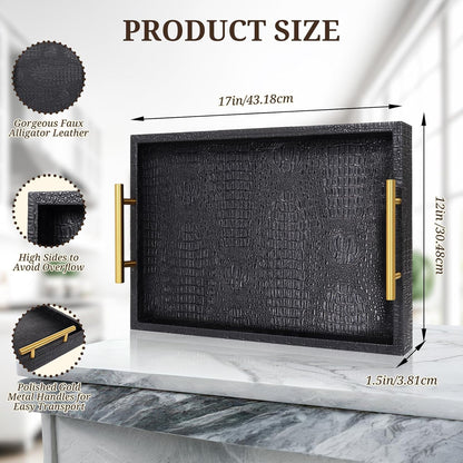 SXNOWS 17"x12" Cream Faux Leather Serving Tray with Gold Handles, Rectangle Decorative Tray for Ottoman, Coffee Table, Kitchen, Bar, Gift for Home Decor