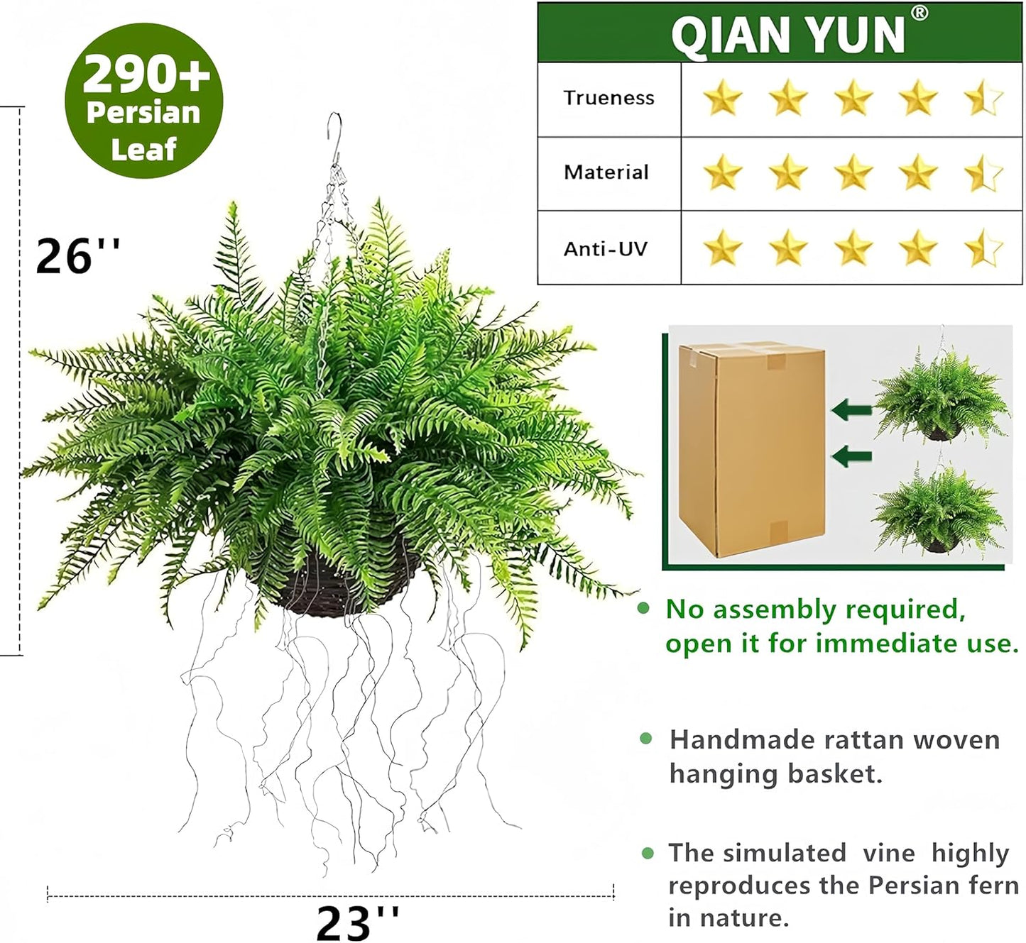 Outdoor Fake Hanging Fern – Artificial Hanging Ferns 2 Pack, Large Faux Boston Fern Bushes, UV Resistant Outdoor Hanging Plants for Front Porch, Patio & Indoor Decor