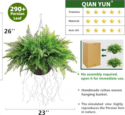 Outdoor Fake Hanging Fern – Artificial Hanging Ferns 2 Pack, Large Faux Boston Fern Bushes, UV Resistant Outdoor Hanging Plants for Front Porch, Patio & Indoor Decor