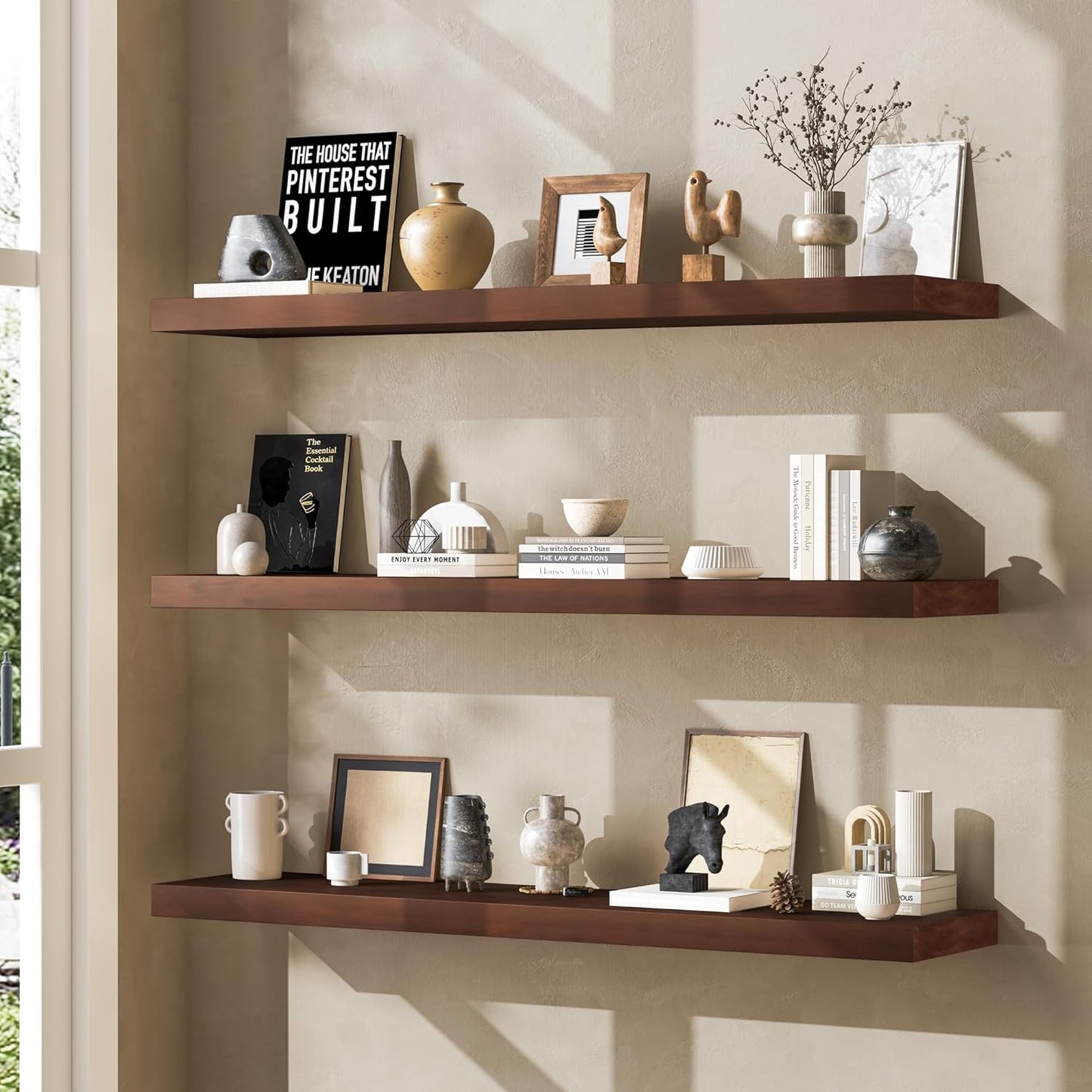 Floating Shelves 36 Inches Long - 8 Inch Deep Rustic Premium Solid Pine Wood for Storage - Farmhouse Wall Mounted for Living Room - Heavy-Duty Metal Bracket - 36" W x 8" D - Set of 2 - White Color