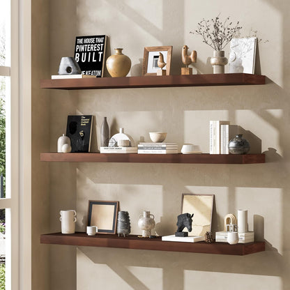 Floating Shelves 36 Inches Long - 8 Inch Deep Rustic Premium Solid Pine Wood for Storage - Farmhouse Wall Mounted for Living Room - Heavy-Duty Metal Bracket - 36" W x 8" D - Set of 2 - White Color