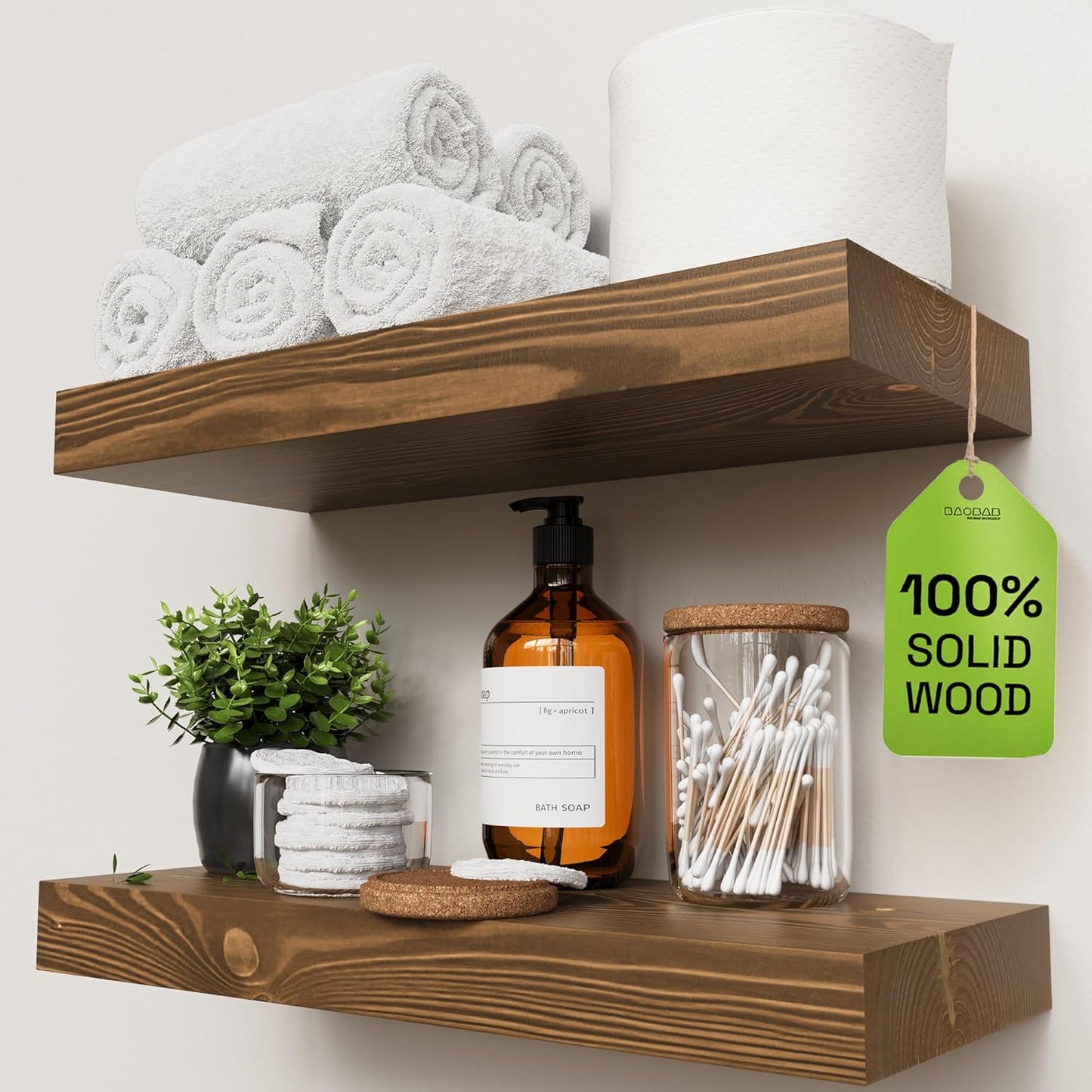 BAOBAB WORKSHOP Wood Floating Shelves for Wall Mounted, 16 inch Walnut Floating Shelf for Bathroom, Solid Wooden Wall Shelves for Kitchen Bedroom Farmhouse, Walnut Finish, 16 x 6.7, Set of 2