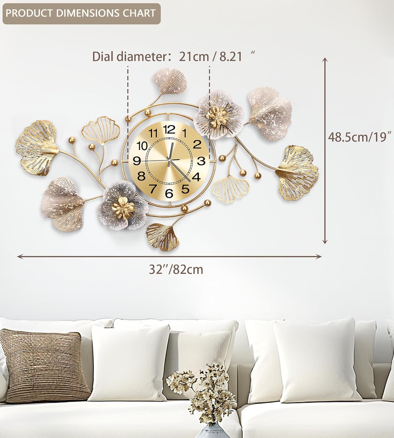 Clocks for Living Room, Large Wall Clock, 3D Silent Wall Clock, Retro Metal Ginkgo Leaf Design, for Bedroom Kitchen Decorative Wall Clocks（32''x18'' ）