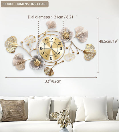 Clocks for Living Room, Large Wall Clock, 3D Silent Wall Clock, Retro Metal Ginkgo Leaf Design, for Bedroom Kitchen Decorative Wall Clocks（32''x18'' ）