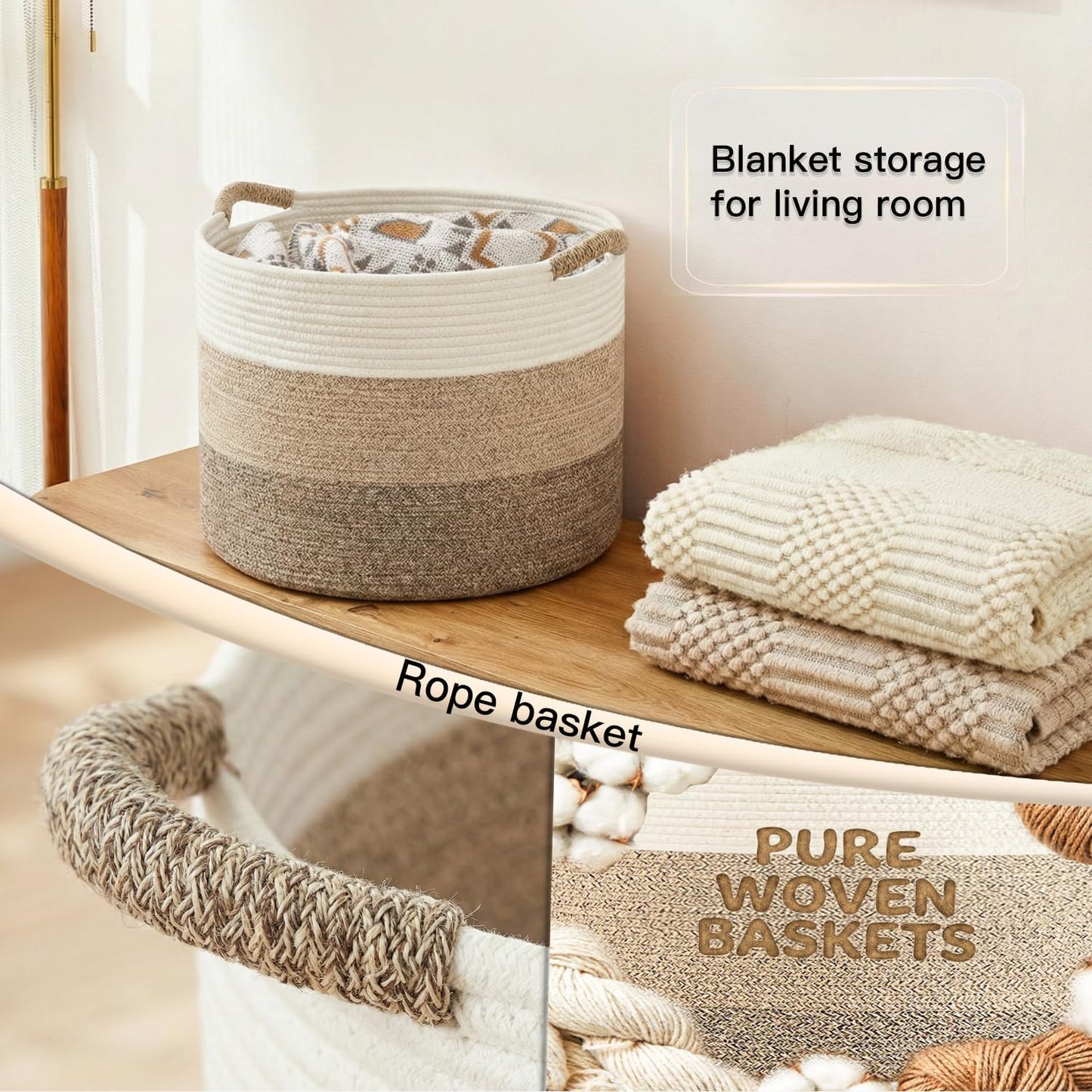 Artfeel 70L Large Cotton Rope Basket, Decorative Woven Blanket Storage for Living Room, Boho Toy Storage & Toy Box for Kids, Versatile Laundry Basket & Nursery Hamper for Blankets(Brown)