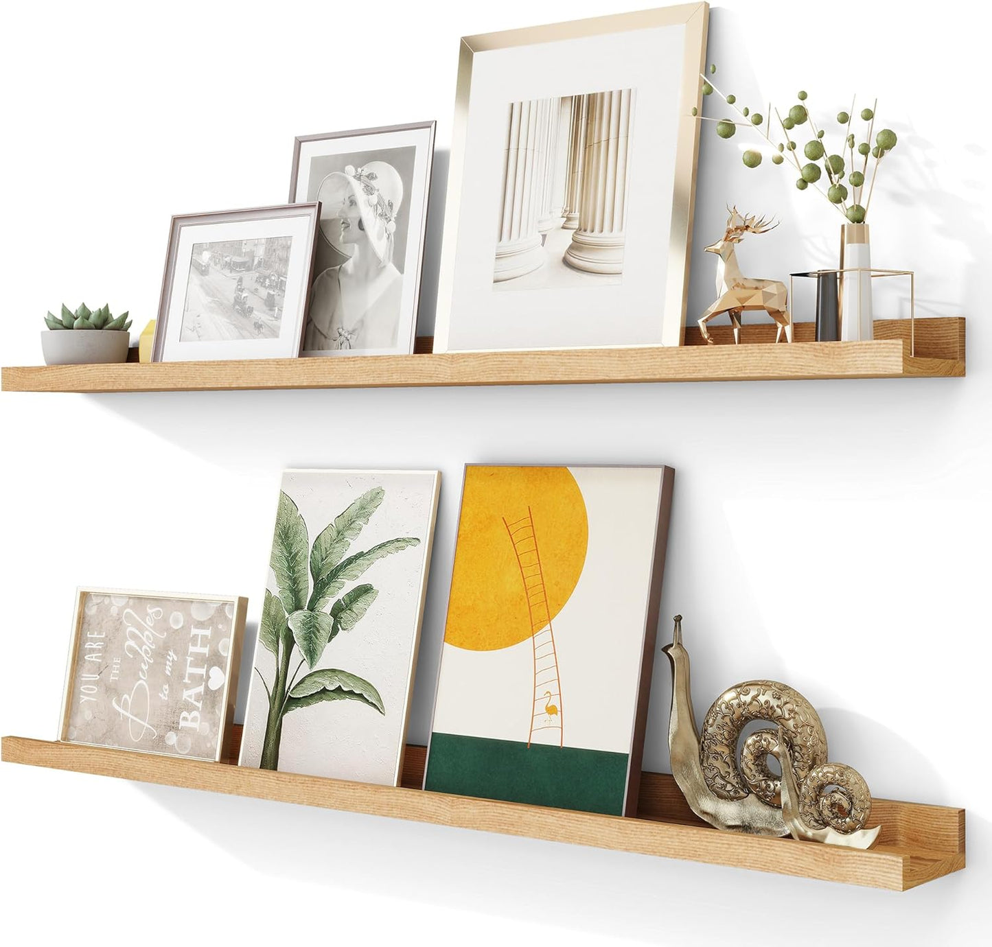 FLYJOE Picture Ledge Shelf, Floating Shelves Set of 2, Solid Pine Wood 55'' Long Large Nursery Book Shelves for Toys Storage, Kids Bookshelf for Living Room Bedroom Decor Books Photo Frames, Walnut