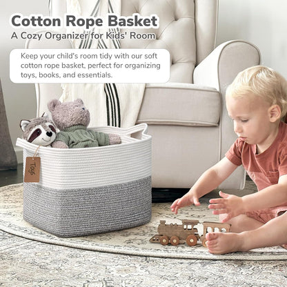 Goodpick Woven Storage Basket, Cotton Rope Basket for Dog Toys, Books, Stylish Gift Basket with Handles, 13 x 10 x 9 Inches Square Baskets for Organizing, Brown and White