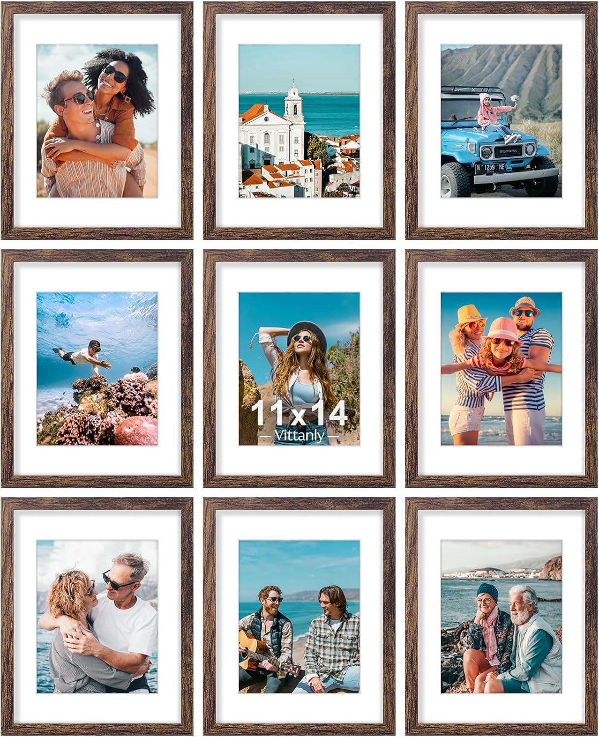 Vittanly 8x10 Picture Frames Set of 9, Shatter Resistant Plexiglass, Display 5x7 Pictures with Mat or 8x10 without Mat, Photo Frames for Wall or Tabletop, Engineered Wood, Black - Colors A