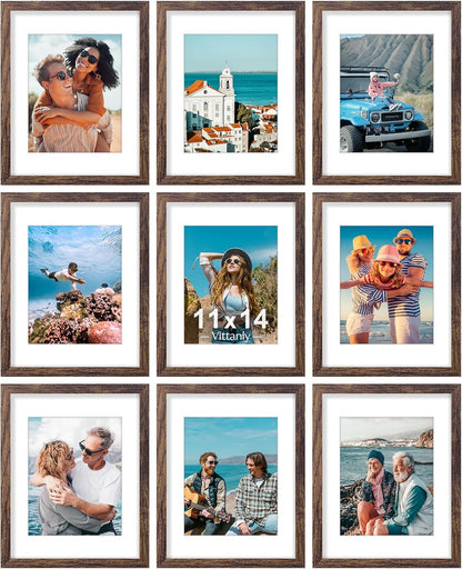 Vittanly 8x10 Picture Frames Set of 9, Shatter Resistant Plexiglass, Display 5x7 Pictures with Mat or 8x10 without Mat, Photo Frames for Wall or Tabletop, Engineered Wood, Black - Colors A