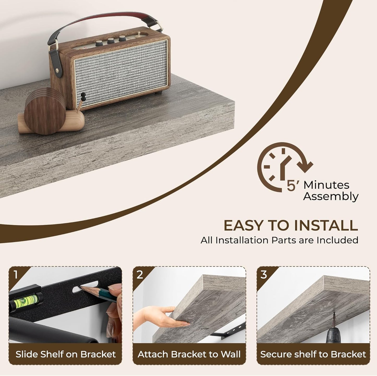 RICHFOCUS 72Inch Floating Shelves for Wall 2 Pack Shelves for Bedroom|Kitchen|Bathroom Wall Mounted Rustic Wood Floating Shelf with Invisible Brackets for Books|Storage|Decor, Rustic Brown
