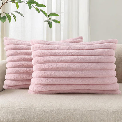 Pallene Faux Fur Plush Throw Pillow Covers 18x18 Set of 2, Luxury Soft Fluffy Striped Decorative Pillow Covers for Sofa, Couch, Living Room, Cream White