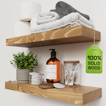 BAOBAB WORKSHOP Wood Floating Shelves for Wall Mounted, 16 inch Walnut Floating Shelf for Bathroom, Solid Wooden Wall Shelves for Kitchen Bedroom Farmhouse, Walnut Finish, 16 x 6.7, Set of 2