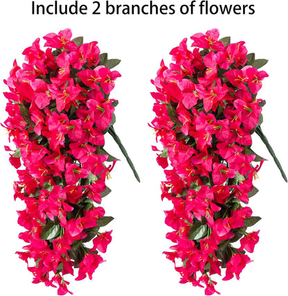 Faux Bougainvillea Artificial Flowers Plants for Outdoor Outside Decoration, 2 PCS Red Fake Flowers UV Resistant Look Real Silk Long Trailing Vines for Front Door Porch Planter Urn Patio Garden Yard