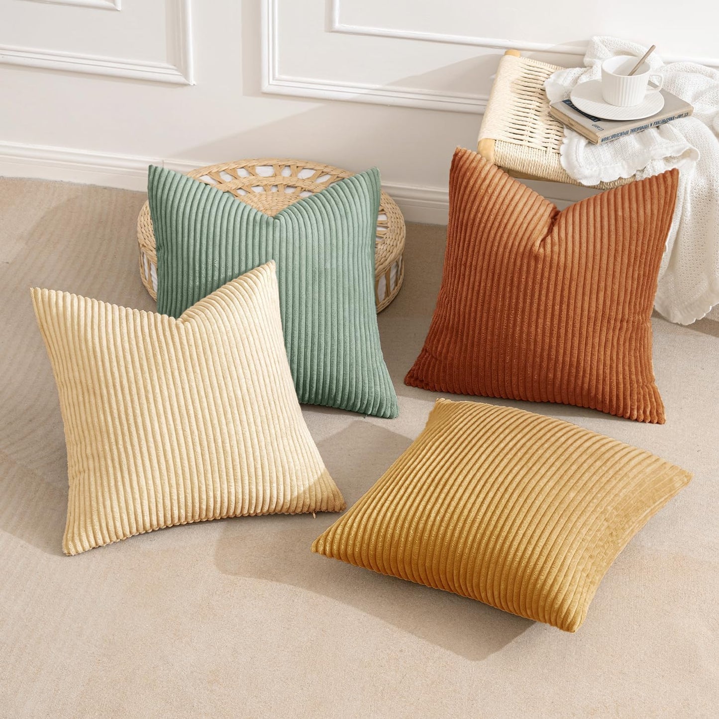 MIULEE Boho Farmhouse Sage Green Throw Pillow Covers 18x18 Inch Set of 4 Mordern Nordic Cushion Covers Soft Corduroy Spring Home Decor for Couch Bed Sofa Living Room Forest Green