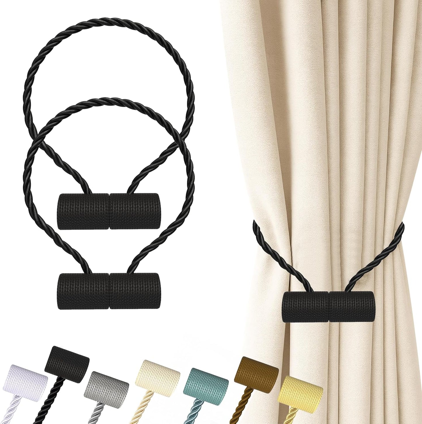 Hion Magnetic Curtain Tiebacks Black 2pcs, Curtain Tiebacks Buckles Holdbacks Holders Hooks Clip for Home Outdoor Bedroom Office Decorative Curtain