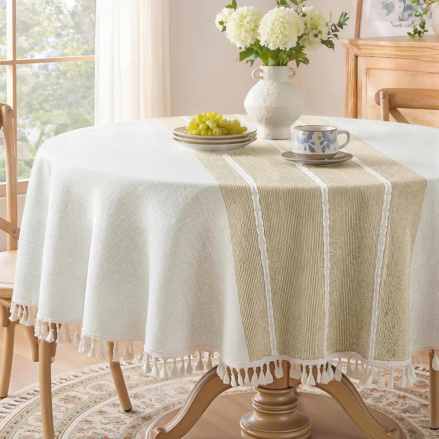Softalker Outdoor Tablecloth Rectangle, Waterproof Linen Cotton Farmhouse Table Cloths with Tassel, Heavy Weight Wrinkle Free Boho Table Cover for Picnic Camping Dining - 55 x 70 Inch, Coffee Lines