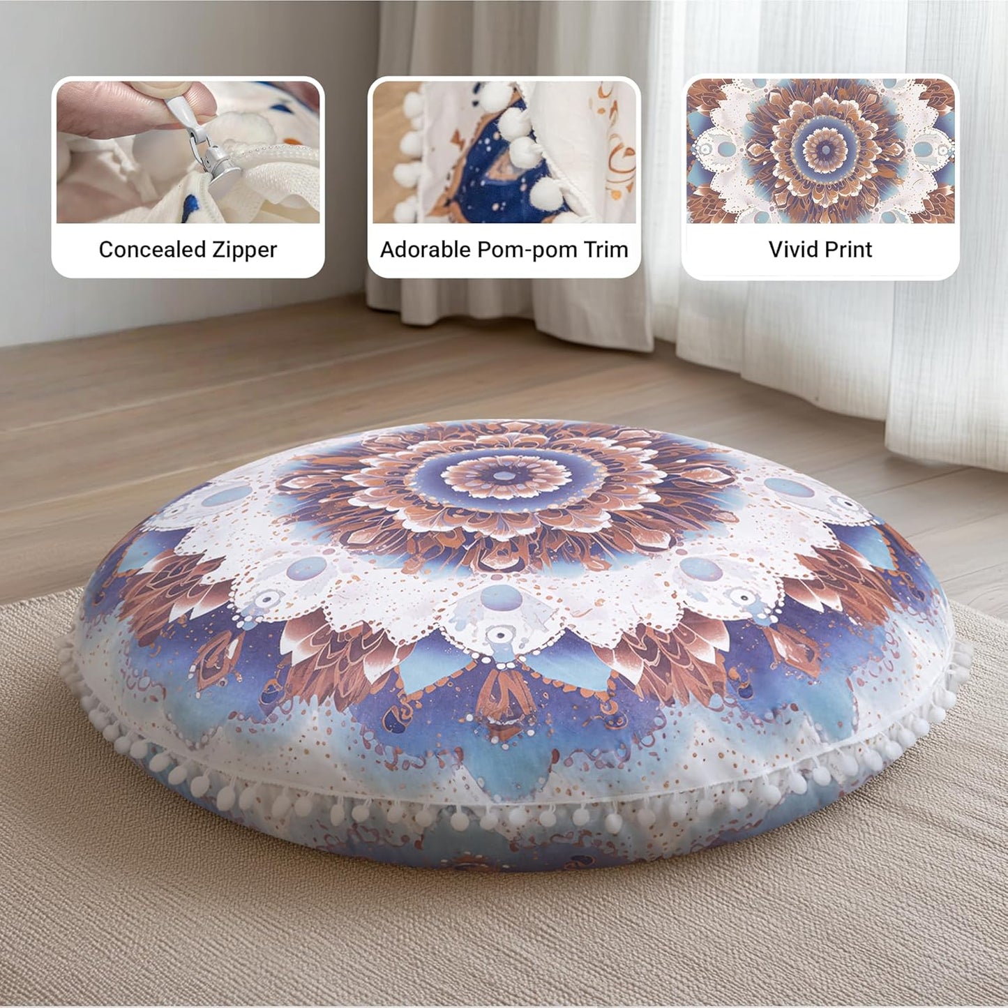 Meditation Cushion Set of 2, 32 Inch Extra Thick Memory Foam Round Floor Pillow with Removable Washable Cover, Bohemian Mandala Yoga Cushion for Adults - Ideal Holiday Decor, Brown