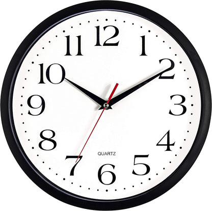 Bernhard Products Black Wall Clock Silent Non Ticking 10 Inch Quality Quartz Battery Operated Round Easy to Read Home/Office/Kitchen/Classroom/School Clock Sweep Movement