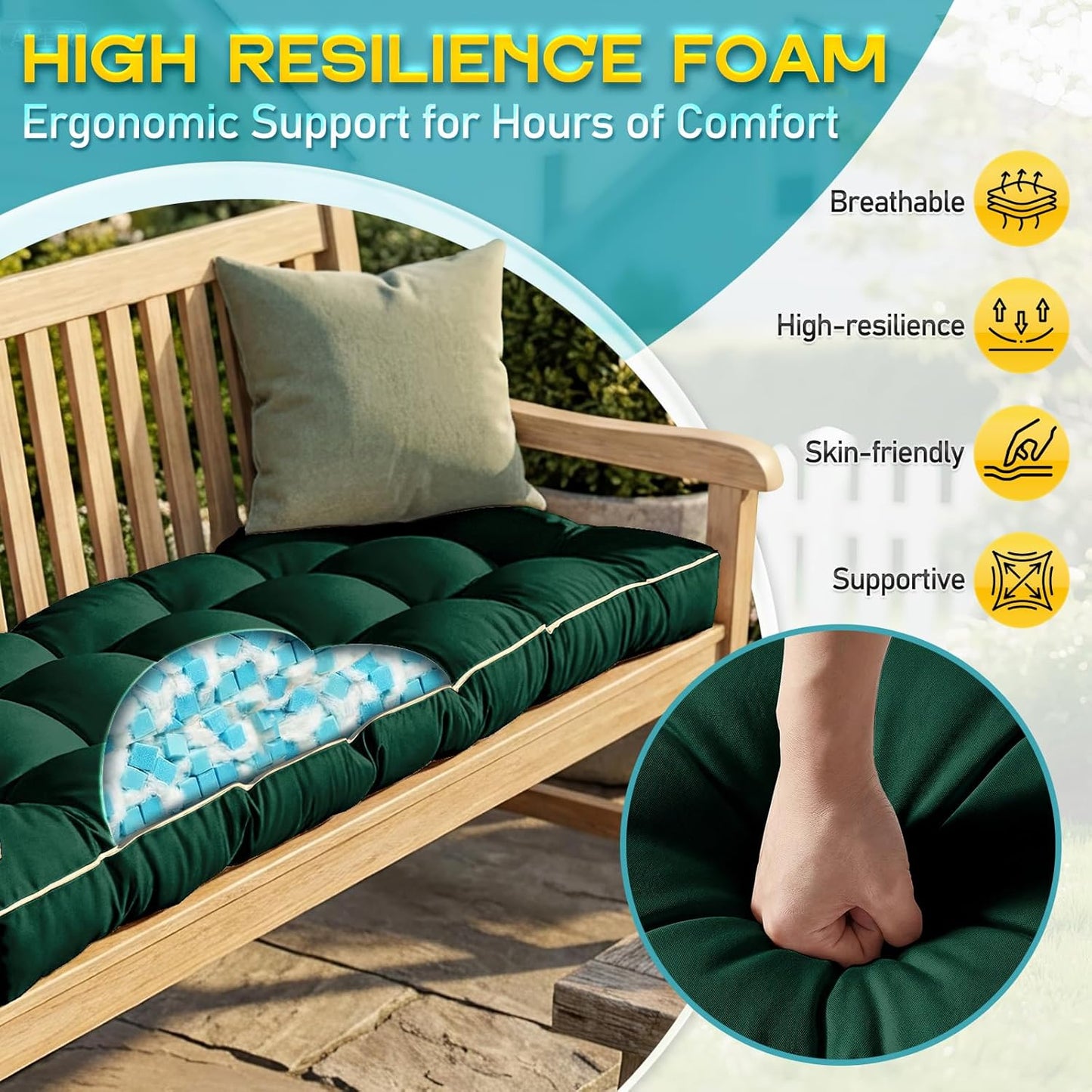 Outdoor Bench Cushion, Tufted Patio Seat Pad for Garden Bench, Porch Swing, Indoor/Outoor Furniture (Blue, 48X18X4 inch)
