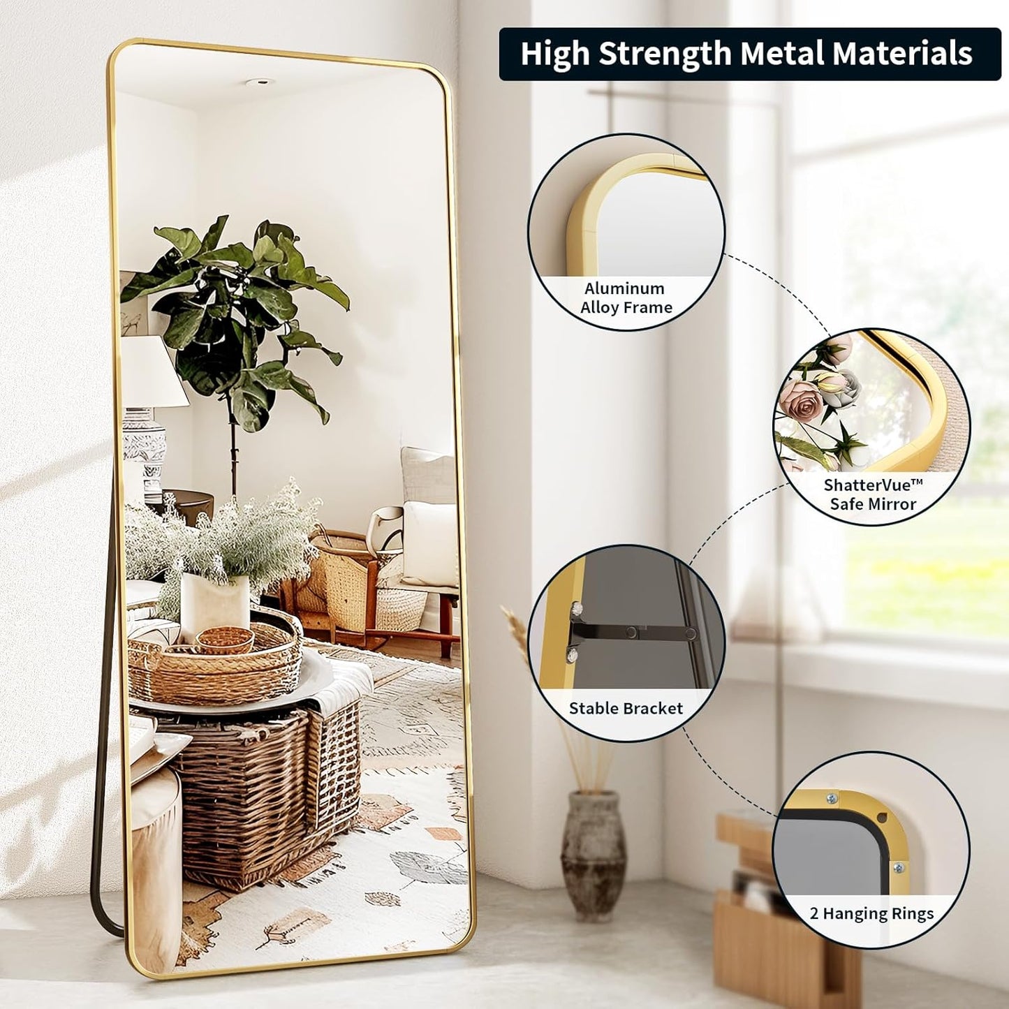 XRAMFY 56"x21" Floor Full Length Mirror Standing Full Body Rounded Corner Rectangle Mirrors with Stand Hanging Wall Mounted Leaning Bedroom Living Room Bedroom Cloakroom,Gold