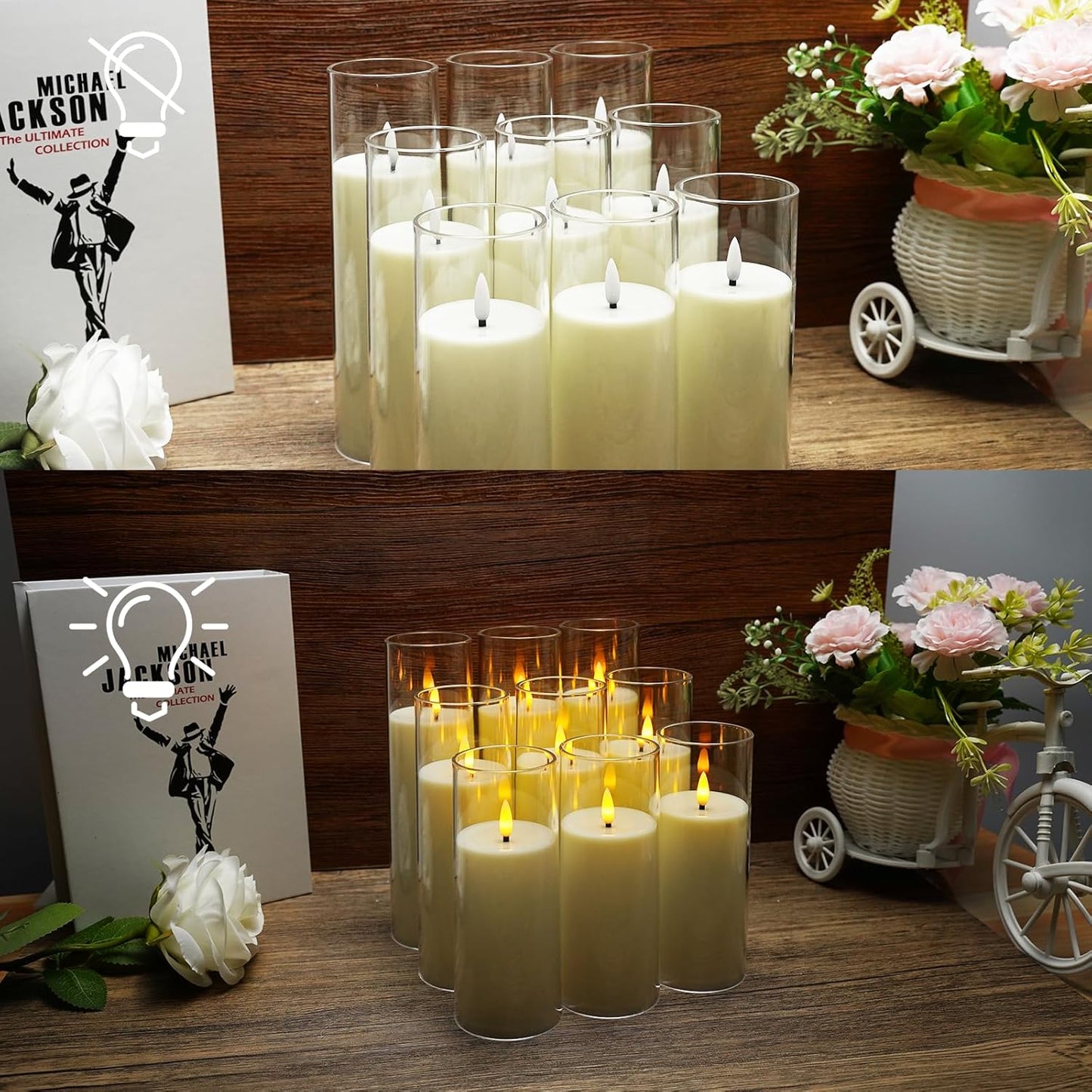 kakoya Flickering Flameless Candles Battery Operated with Remote and 2/4/6/8 H Timer Acrylic Led Pillar Candles Pack of 9 (appr D2.3"xH5.5"6.5"7.5")with Realistic 3D Wick Candles for Home Decor(White)