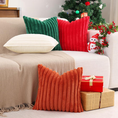 Pallene Faux Fur Plush Throw Pillow Covers 18x18 Set of 2, Luxury Soft Fluffy Striped Decorative Pillow Covers for Sofa, Couch, Living Room, Cream White