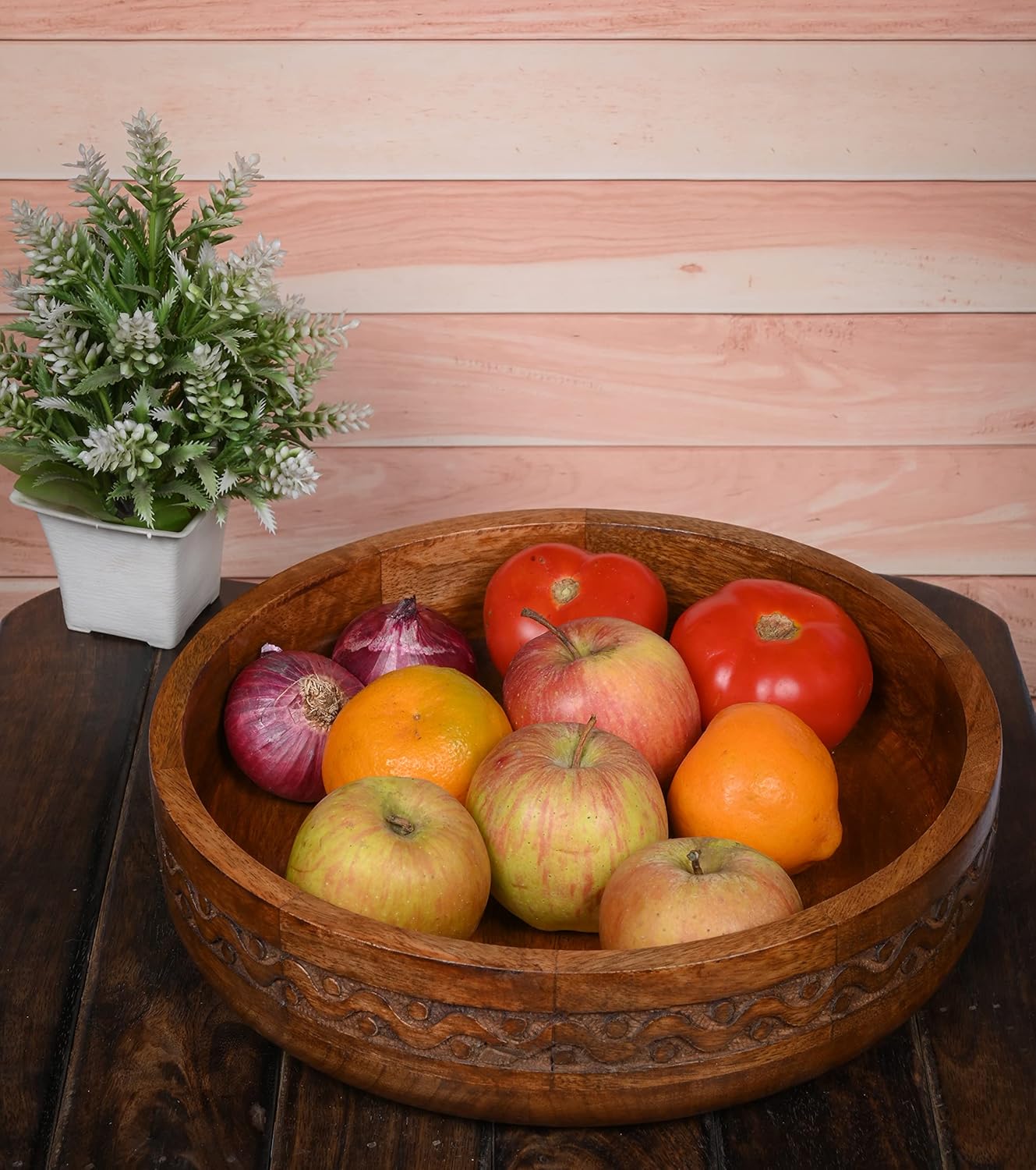 EDHAS Mango Wood Decorative Round Carved Bowl for Decoration, Centerpiece Bowl for Table (10" x 10" x 2.5")