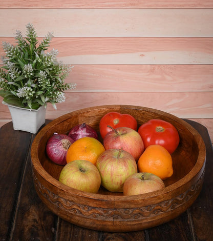 EDHAS Mango Wood Decorative Round Carved Bowl for Decoration, Centerpiece Bowl for Table (10" x 10" x 2.5")
