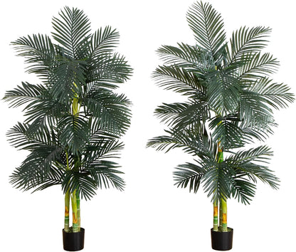 Nearly Natural 6.5ft Artificial Golden Cane Palm Tree, Lifelike Silk Indoor Palm With Three Textured Trunks Flexible Fronds Nursery Planter, Low Maintenance