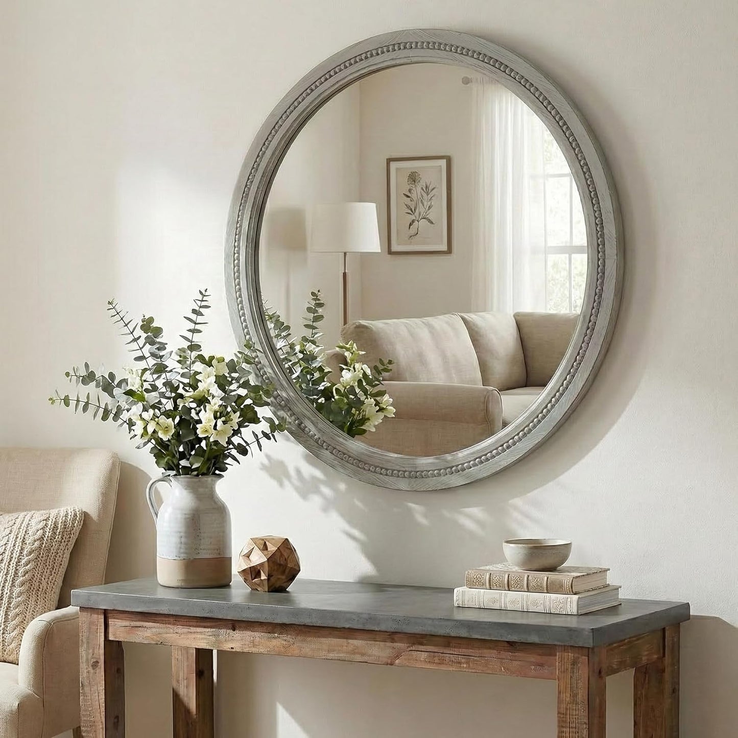 30" Round Solid Wood Mirror for Bathroom Vanity, Handcrafted Beaded Circle Wall Mirror - Natural Boho Farmhouse Decor for Entryway & Bedroom