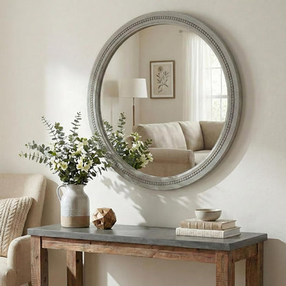 30" Round Solid Wood Mirror for Bathroom Vanity, Handcrafted Beaded Circle Wall Mirror - Natural Boho Farmhouse Decor for Entryway & Bedroom