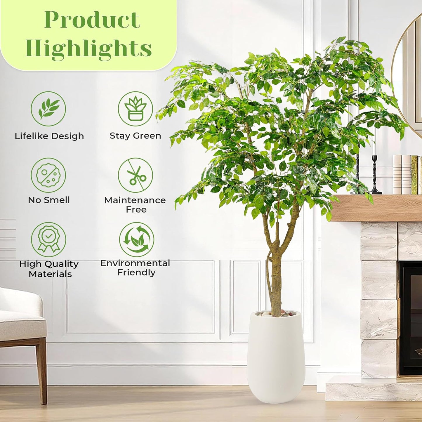 5FT Artificial Ficus Tree with White Planter and Pebbles,Faux Silk Tree with Lifelike Leaves and Realistic Trunk,Tall Fake Potted Plant for Home and Office Décor Indoor and Outdoor (5FT)