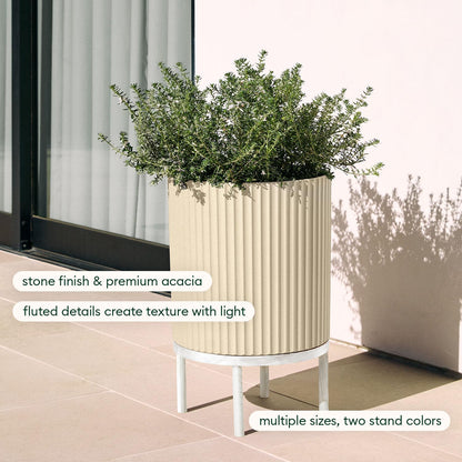 Veradek Demi Series Round Planter w/ Stand for Porch/Patio | Durable Plastic-Concrete & Wooden Stand | Modern Décor for Tall Plants, Flowers
