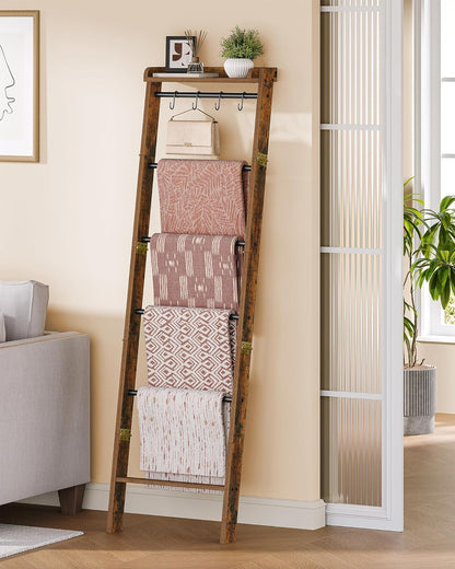 Hzuaneri Blanket Ladder Shelf, Decorative Quilt Rack, 6-Tier Farmhouse Ladder Holder Organizer with 4 Removable Hooks 7.9" D x 17.3" W x 63.4" H, Rustic Brown BR35801B