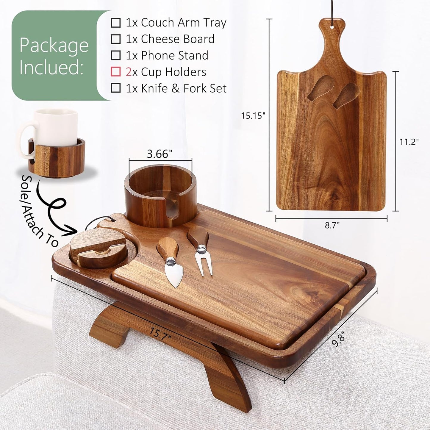 Nnewvante Couch Cup Holder Tray, 3 in 1 Large 15.36"x9.85" Acacia Wood Sofa Arm Clip on Tray Table with 360°Rotated Phone Holder on Armrest