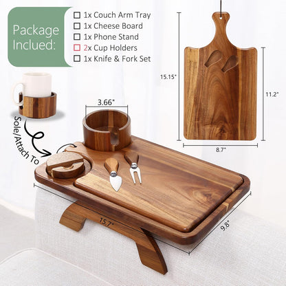 Nnewvante Couch Cup Holder Tray, 3 in 1 Large 15.36"x9.85" Acacia Wood Sofa Arm Clip on Tray Table with 360°Rotated Phone Holder on Armrest