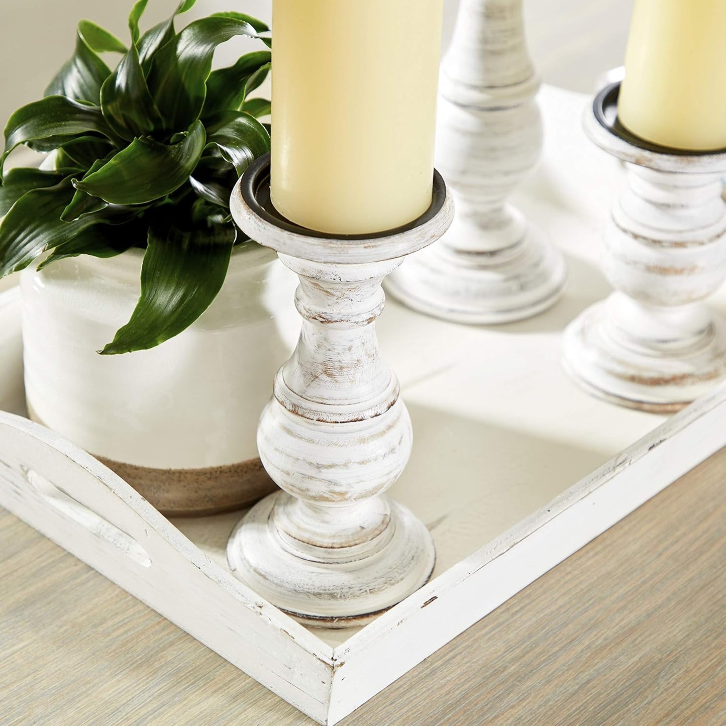 Deco 79 Mango Wood Decorative Candle Holder Distressed Turned Pillar Candle Stand, Set of 3 Candlestick Holder 6", 8", 10"H, Light Blue